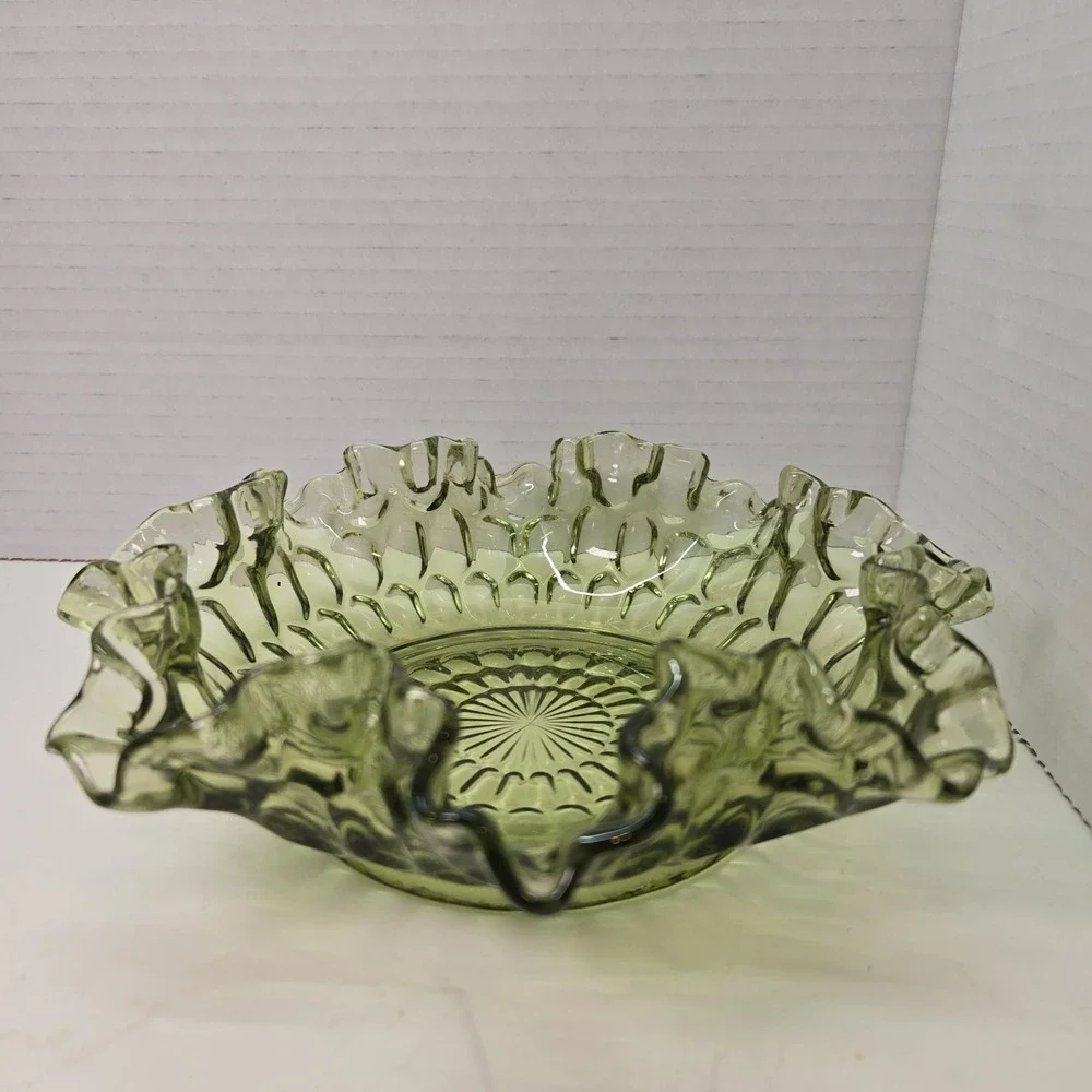 Vintage Fenton Glass Candy Dish Bowl Base Avocado Thumbprint Ruffle Rim 8